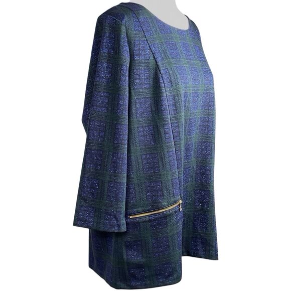 NWT TALBOTS Zip Pocket Jacquard Plaid Top Size 1X Metallic Navy Blue Green - Picture 10 of 15